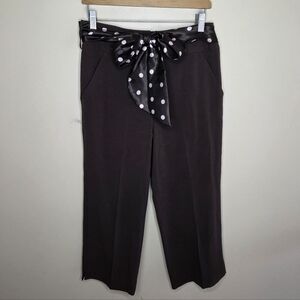 Larry Levine | Petite Brown Wide Leg Capri Cropped Pants Attached Scarf Belt 8P